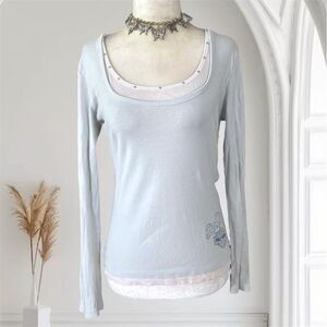 Harley Davidson Early 2000's Light Blue White Cotton Layered Long Sleeve Top S M